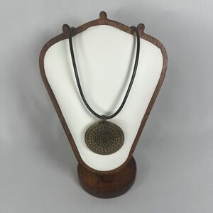 Y2K Bronze Mandala Circle Pendant Necklace Brown Cord 19"‎ Boho Hippie Jewelry